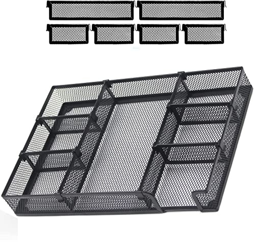 HurLuksi Desk Drawer Organiser Tray, Mesh Desks Organisers Tidy, Office Desk Accessories with 6 Adjustable Compartments, 7 Grid Stationary Organiser for Office School Supplies, 12.6 * 8.6 * 1.8 inch