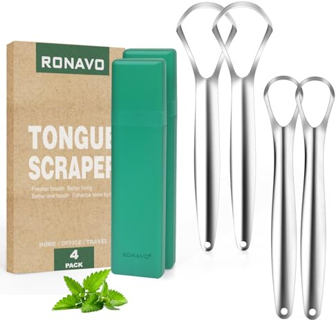 RONAVO Tongue Scraper Cleaner for Adults and Kids, with Travel Handy Case, Professional Tough Scraper Healthy Oral Care, Fight Bad Breath, Easy to Use & Wash, 2 Size (4 PC)