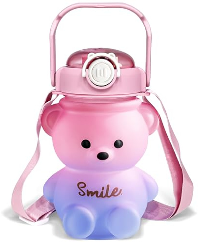 CLWVPCOT Bear Water Bottle, 32oz Cute Kawaii Teddy Bear Water Bottle with Straw & Adjustable Strap, Leak-Proof, Light Weight, BPA-Free, Durable & Safe Plastic Drinking Cup for Kids & Girls (Pink)