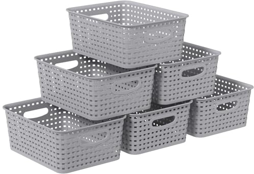 Xeabia Plastic Weave Storage Baskets, Small Plastic Storage Baskets for Cupboard, Gray, 6 Packs
