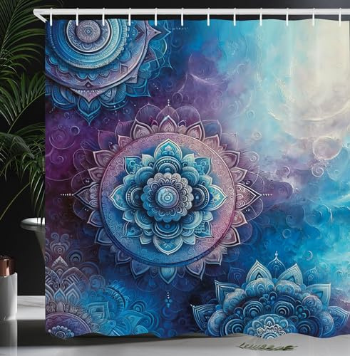 Ambesonne Purple Shower Curtain, Mystic Mandala Victoria Water Lilies Floating in Dark Magic Pond Print Art, Cloth Fabric Bathroom Decor Set with Hooks, 69 W x 75 L, Deep Sky Blue Violet