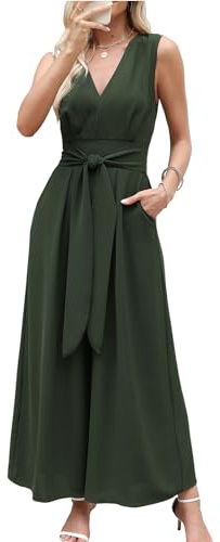 CUPSEH Damjumpsuit djup V-hals ärmlös overall smockad midja bälte brett ben sommar elegant lång lekdräkt med fickor, Mörkgrön, L