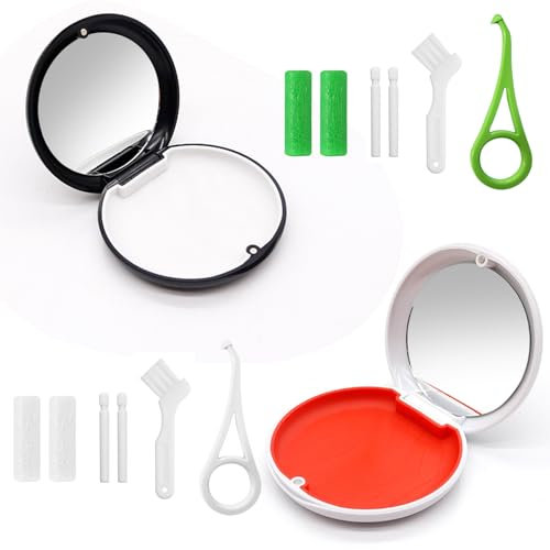 BORISCA 2 Pezzi Custodia Apparecchio Denti per Custodia Ortodontiche, Scatola Apparecchio Denti con Specchio, Casi di Protesi Dentaria per Porta Apparecchio Denti (Nero + Bianco)