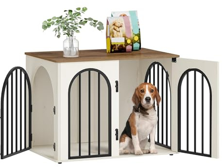 Hzuaneri 31.5'' Wooden Dog Crate Furniture, Indoor Dog Kennel Dogs Cage for Small/Medium Dogs, Heavy Duty Dog Crates Decorative Pet House End Side Table TV Stand, White Brown DFC85114B