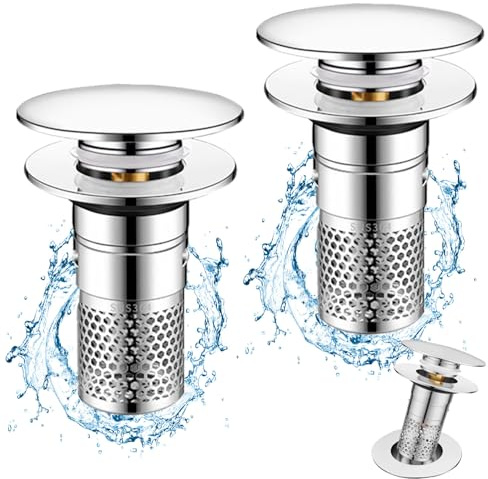 2 Pezzi Confezione da Scarico Lavabo Bagno Universale Pop up,Filtro Tappo Lavandino Bagno in Metallo con Filtro Anti Clogging,Valvola Piletta Cucina Bidet Vasca(Per il foro di drenaggio di 34~40mm)