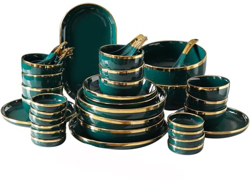 NNYCC Servizio di piatti da tavola set di stoviglie da 12 pezzi set combinati servizio stoviglie porcellana bordo dorato dipint mano per un'atmosfera leggera lussuosa colore verde,12 piece set