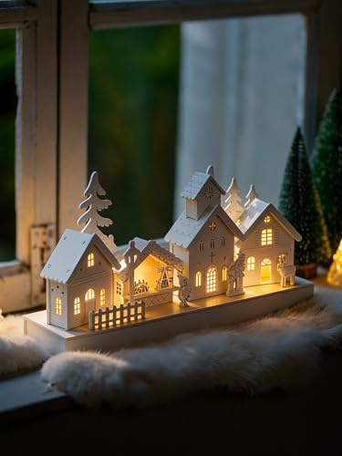 Romadedi LED Weihnachtsdekoration aus Holz mit Timer, Weiß, 36 cm