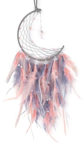 SSKHE Atrapasueños de luna, color rosa y gris, hecho a mano, de encaje, colgante turquesa de la suerte, adorno para colgar en la pared, para el hogar, dormitorio, regalo de Navidad