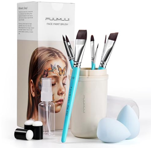 Kit de Pinceaux Maquillage Enfant - Set avec Éponges et Pot de Rangement, Pinceaux en Poils Synthétiques pour Peinture du Visage, Halloween, Carnaval, Cosplay, Théâtre | Face Paint Brushes