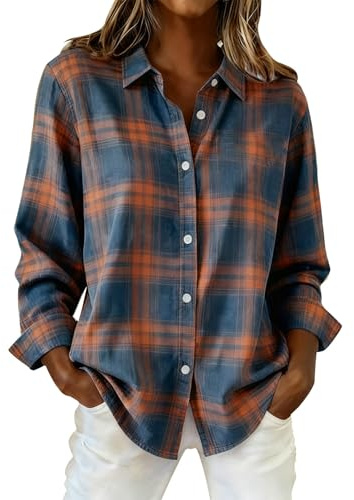 Camisas a cuadros para mujer, cuello redondo, manga larga, ajuste holgado, para oficina, blusas con botones, elegantes, informales, ligeras, para primavera, verano, para el trabajo, fiesta, azul, XXL