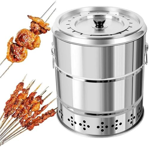 Kolgrillgrill, rostfritt stål bärbar grilltunna med spett, rökfri matlagning för camping, utomhusfester, enkel att rengöra design, stor kapacitet