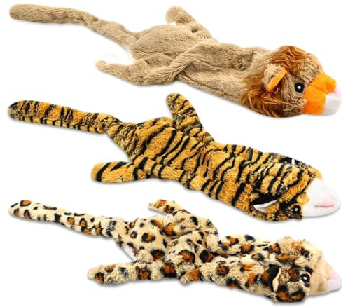 Jeeper Squeaky Dog Toys, 3 Pack no Stuffing Durable Plush Dog Squeaky Chew Toys Set for Puppy Small Medium Large Dogs Playing Making Fun, Wolf, Tiger, Leopard and Lion