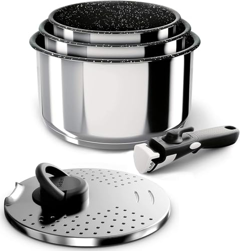 Backen 391505, Set de Casseroles 16,18,20cm, Inox, 5 Pièces, Induction,1 poignée amovible,1 Couvercle Multipostions Métal, Compatible lave-vaisselle, Revêtement antiadhésif, Garantie 5 ans.
