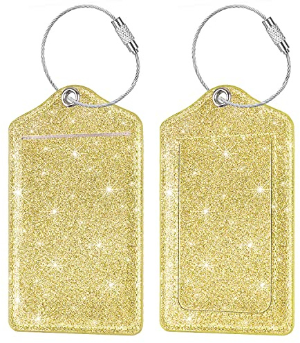 (Set of 2) Luggage Tag Leather Privacy Cover ID Label Address Card with Stainless Steel Loop, Travel Bag Tags Suitcase Labels, Glitter Gold