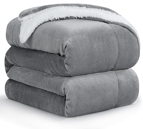 Aisbo Sherpa Fleece Throw Blanket King Size - Thick Warm Soft Grey Extra Large Super King Blankets for Bed, 230x270cm Fluffy Solid Blanket for Sofas, Gray