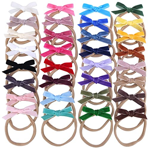 Velvet Bow Soft Stretchy Headbands for Newborn Infant Toddlers Hair Bows Elastic Bands Baby Girls Nylon Hairband (2.75'' Mini 32 PCS)