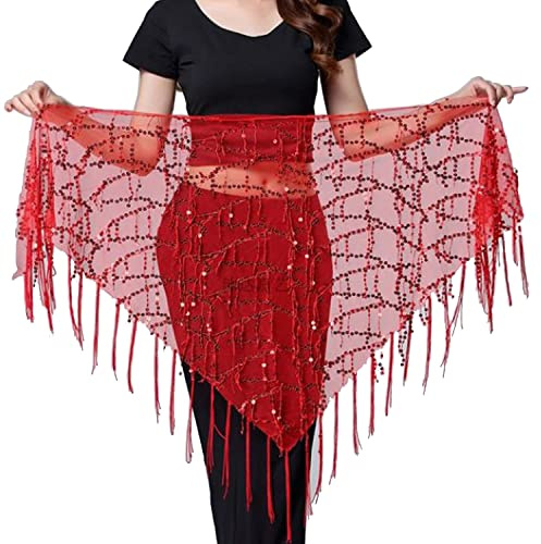 Wuchieal Women's Belly Dance Sequin Triangle Hip Scarf Sequins Mesh Triangle Wrap Skirts Red