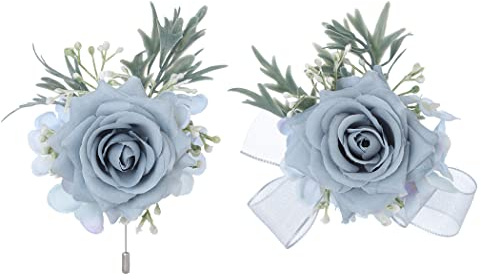 IYOU Wrist Corsage and Boutonniere Set Blue Artificial Flower Corsage Set Hand Flower Men Boutonniere for Wedding Party Prom Suit Decoration