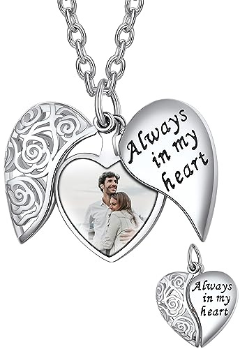 Supcare Customized Angel Wings Locket Necklaces, Stainless Steel Photo Heart Necklace, Always In My Heart Pendant Jewelry for Mum Daughters