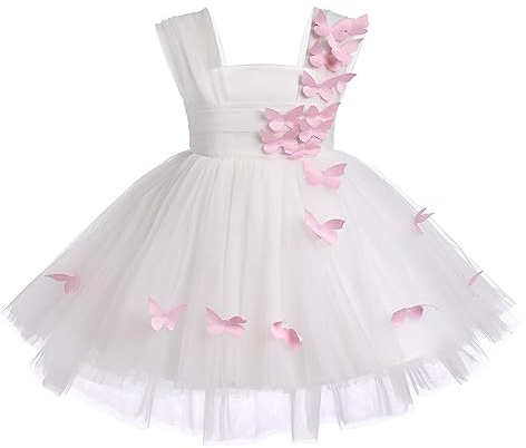FYMNSI Robe Bapteme Bebe Fille 1er Anniversaire Princesse Papillon Tutu Tulle sans Manches Bébé Enfant Robe de Fête Mariage Soiree Fillette Fleurie Formelle Robe de Soirée Été Vêtements Blanc 5-6 Ans