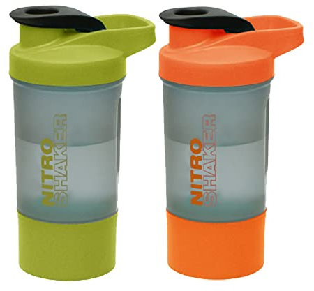 Set of 2, Orange + Green, Protein Shaker Bottle 600ml, Leakproof Gym/sports Shaker Drink Bottle BPA Free Protein Power Shaker with Mixing Ball Non-Drip Screw Lid Storage Compartment for Men & Women