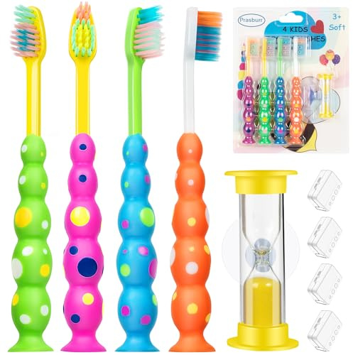 PRASBURR Kids Toothbrush, Toddler Toothbrush Age 2-4 and Older, with Suction Timer, Children Sized Brush Heads (3-10 Year Old), Flossing Bristles, Pack of 4