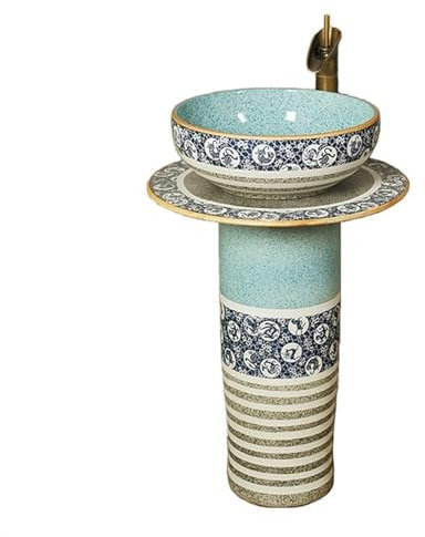 Lavabos de pedestal Lavabo de columna de cerámica creativo retro, lavabo de pedestal de baño de 3 piezas, lavabo de baño de arte de pie combinado con grifos, kit de drenaje Lavabo de Baño(B)