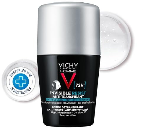 Vichy Homme Deo Roll-on 72h AT Invisible, Deo-Roll-on für Männer, Schweißhemmend, Besonders hautfreundlich, Keine Spuren auf der Kleidung, Ohne Alkohol, Für empfindliche Haut, 50 ml