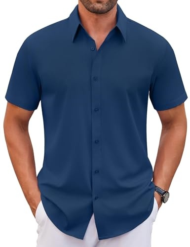 COOFANDY Slim Fit Dress Shirts for Men Stretch Formal Wedding Short Sleeve Button Down Shirt Navy Blue