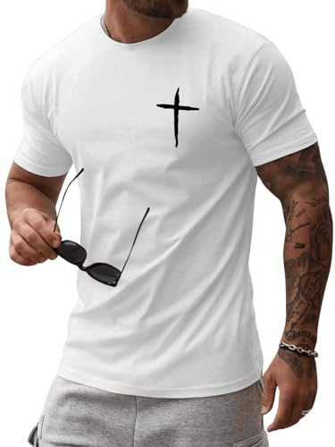 iudam Herren T-Shirts Baumwolle Rundhals Kurzarm Shirt mit Jesus Kreuz Aufdruck Casual Slim Fit Sommer Tee Shirts Glaube Christus Tshirts,Weiß,L