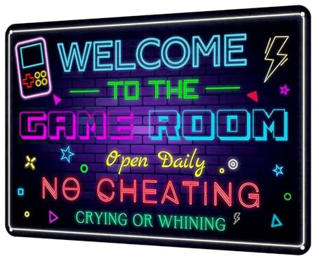 Welcome to the Game Room Metal Tin Sign – Cool Neon Gaming Decor for Boys & Teens, Gamer Room Accessories for Bedroom, Game Night Wall Decor Gift for Gamers, 12 x 8 Inch (2507)