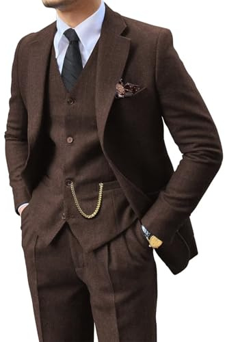 Retro Herringbone Tweed Suits for Men 3 Pieces Prom Suit Set Classic Tuxedo Slim Fit Mens Suits Formal Autumn Winter Jacket Pants Set Dark Brown XL