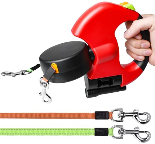 Laisse double extensible pour 2 chiens - 300 cm - Laisse rétractable pour chien - Avec lumière - Corde réfléchissante la nuit - Poignée ergonomique