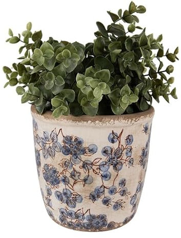 Ceramic Plant Pot Vintage Style Distressed Effect Flower Pot Planter Cachepot with Crackled Glaze & Blue Floral Print Design (Medium)