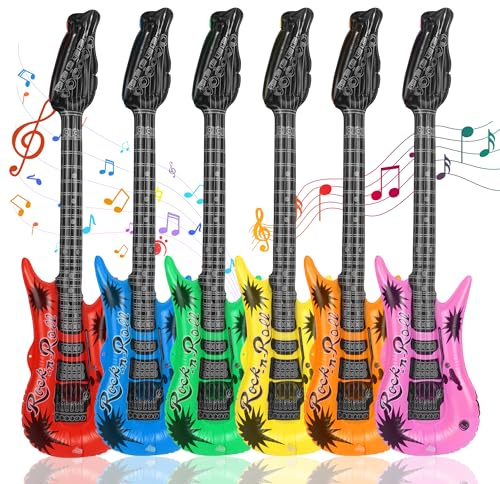 Kit de 6 Guitares Gonflables Rock -Instrument Gonflable 90cm en 6 Couleurs Éclatantes -Accessoire Gonflable Idéal comme Faveurs de fête et Deco Fete de la Musique pour Célébrations