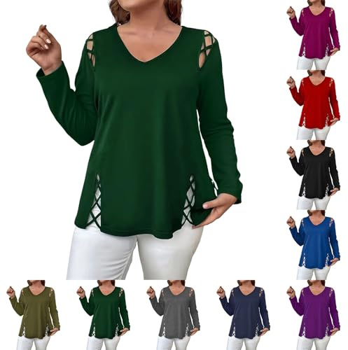 Tee Shirt Femme Col V Chic, Tee Shirt Femme Grande Taille, T-Shirt Manche Longue Tshirt Ajourée Haut Originale Top 2025 Nouveau Vêtements Couleur Unie Loungewear Mi Saison T-Shirt XXXXXL