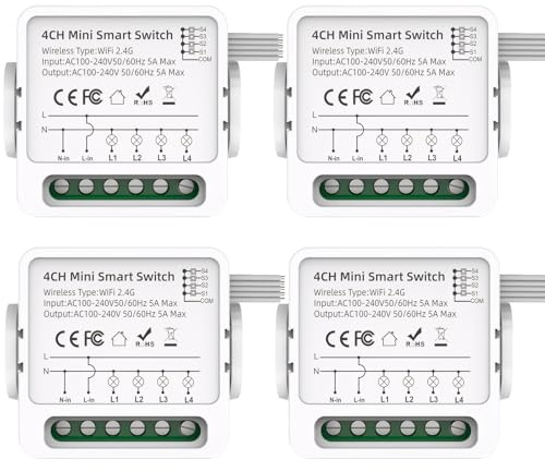 Mengshen 4 Pack Smart Relay Switch Mini Smart Switch APP& Voice Control DIY Home Automation Curtain Dimming 4 Channel Timer Function No Hub Required