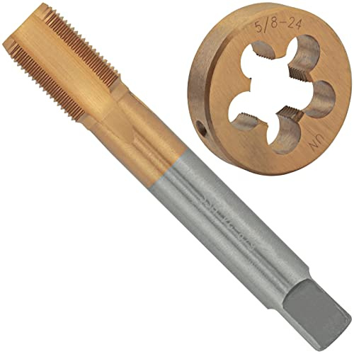 OYSKGNCMW Set di Maschi e filiere Rivestiti in Titanio UNEF da 5/8-24, Maschio filettato HSS UNEF Rivestito in Titanio da 5/8 x 24 e filiera Tonda in Acciaio per Utensili in Lega, Mano Destra
