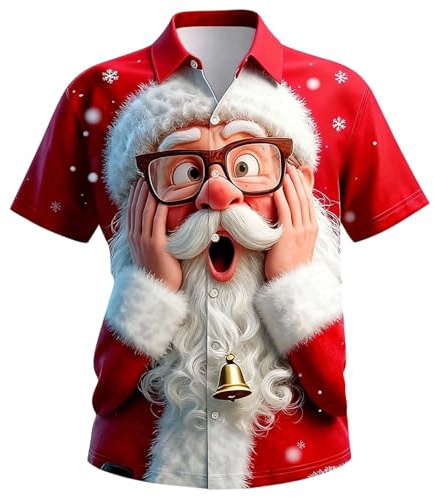 Funny Christmas Shirt for Men, Short Sleeve Shirts Novelty Santa Claus Tshirt 3D Printed Xmas Blouse Lapel Shirts Ugly Christmas Shirt Button Down Pullover Festival Holiday Tops Casual Costume