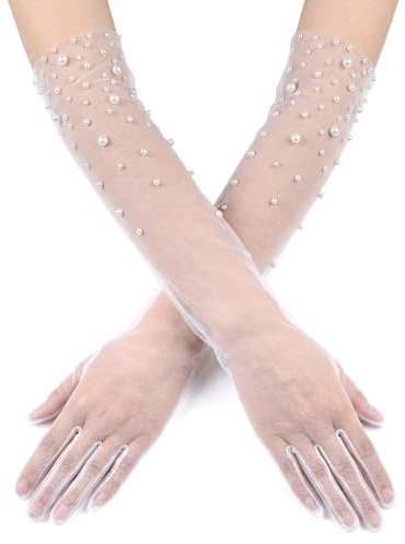 Trinkrittey Long Pearl Wedding Gloves Tulle White Gloves for Women Sheer Bridal Lace Elbow Length Glove for Opera Party Brides