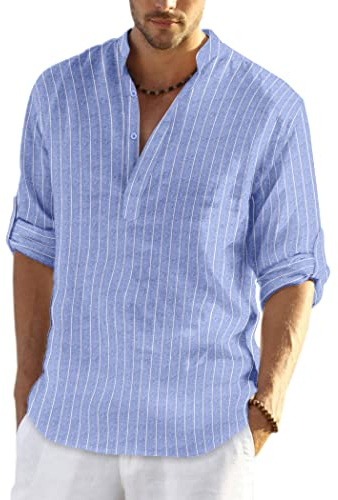 COOFANDY Camicia Casual da Uomo in Lino e Cotone con Collo Henley a Maniche Lunghe Strisce Blu L