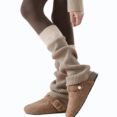 Moonlik Leg Warmers for Women, Leg Warmer y2k 80s Slouch Ankle Socks for Girls Snow Boots Ribbed Knit Socks Cute Lolita Accessories (khaki and beige)