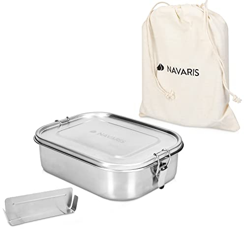 Navaris Steel Lunch Box with Divider - 1400ml Stainless Steel Sandwich, Snack, Lunch, Food Storage Container - Leakproof Bento Box with Divider, Bag