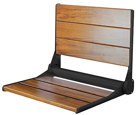 Home Aesthetics 18 ADA Compliant Wall-Mounted Folding Serena Teak Wood Shower Bench Seat with Matte Black Frame, Clear Coated for Extra Protection