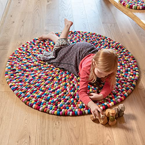 naturling Filzkugel Teppich Bunt 120cm - großer Spielteppich rund - 100% Schurwolle handgemacht (Bunt, 120 cm)