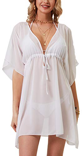 soul young Strandkleid damen Sommer Badeanzug Bademode V-Ausschnitt Vertuschen Bikini Chiffon cover up Strandponcho Strandurlaub knielang(Einheitsgröße,Weiß)