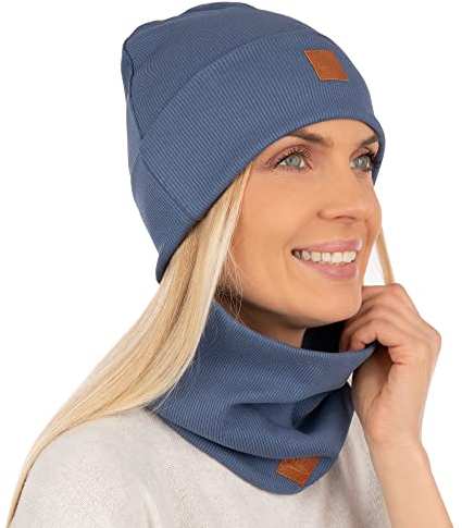 Mikos * Damset, mössa & loop, bomull, lång beanie, hatt med halsduk, höst, vinter, fantastisk varm, stretchig elastisk, vintermössa, pojk- och flickor, streetwear 703, blå, En Storlek