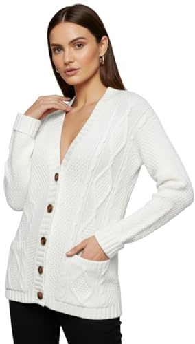 LUXFAB Womens Long Sleeve Button Top Cardigan Chunky Aran Cable Knit Grandad Style Sweater Everyday Casual Warm Knitted Ladies Cardigan UK Sizes 8-26