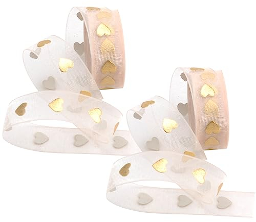 Geschenkband Gold 2 Rollen Herz Bedruckt Gold Geschenkband Satinband Schneegarn Schleifenband Geschenkbänder für Hochzeitsfeier, Brautschmuck, Handwerk, Blumen, Geschenkverpackung(1.5cmx9m)