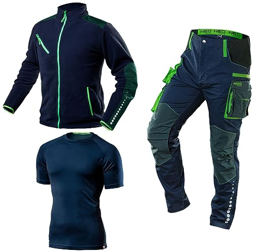 NEO TOOLS Premium Herren Arbeitskleidungssatz Gr. S - 3XL | Arbeitshose mit Cordura 220 g/m2, Fleece-Arbeitsjacke 300 g/m2, Arbeits-T-Shirt atmungsaktiv